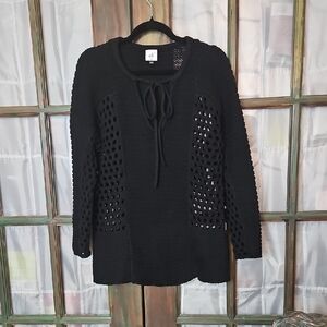 Cabi Black Beachcomber Sweater With A Tie-neck Tunic Pullover Style